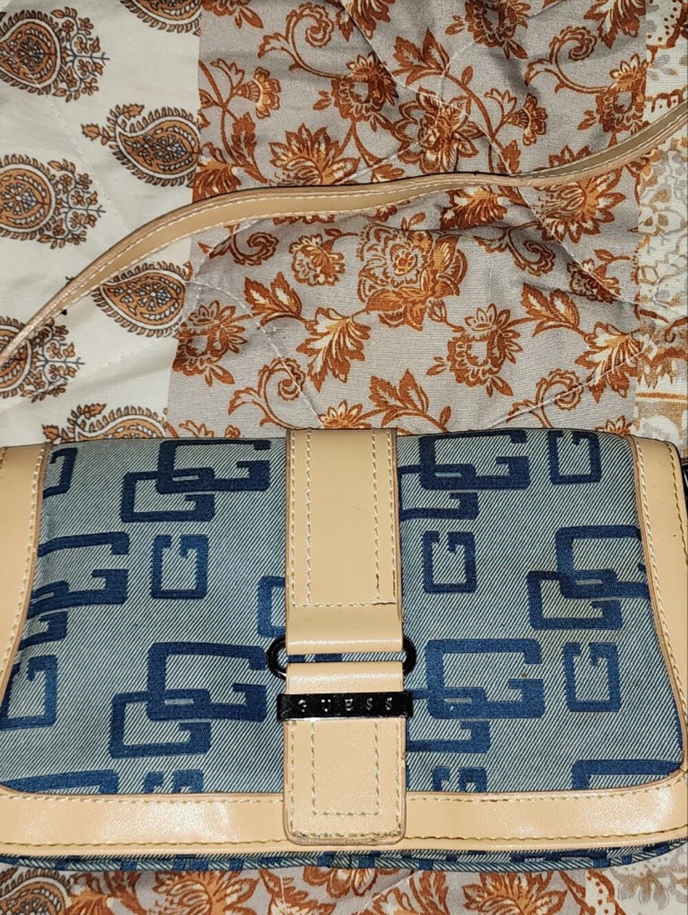 Guess Brand Beige Trim Blue Pattern Crossbody Bag